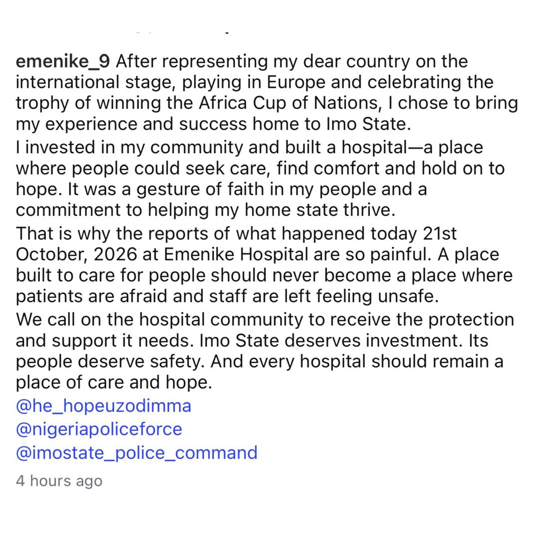 Ex Footballer Emmanuel Emenike calls out Imo police officers for invading his hospital and arresting his staff